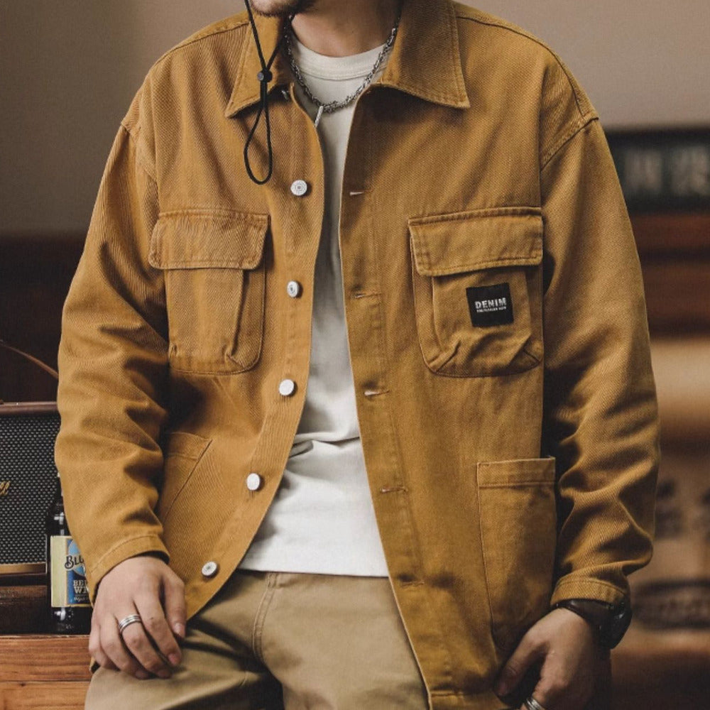 新款美式復古工裝夾克外套男寬松休閑大碼2024多口袋男裝襯衫
