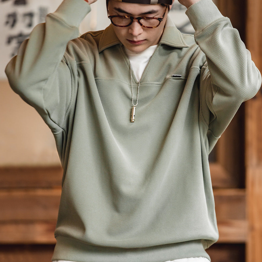 復古華夫格V領polo衫衛衣寬松套頭百搭翻領上衣