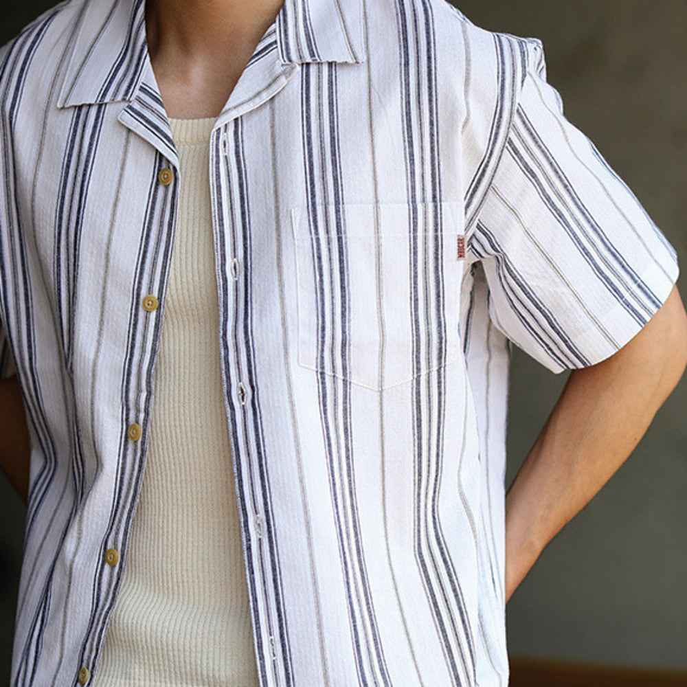 高端夏日清爽條紋古巴領短袖襯衫美式休閑夏威夷襯衣男