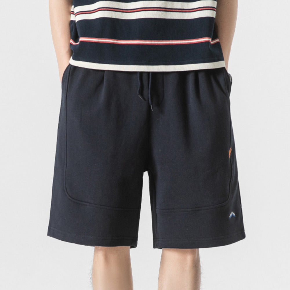 夏季純色拼接刺繡衛褲寬松百搭直筒褲潮流休閑沙灘褲