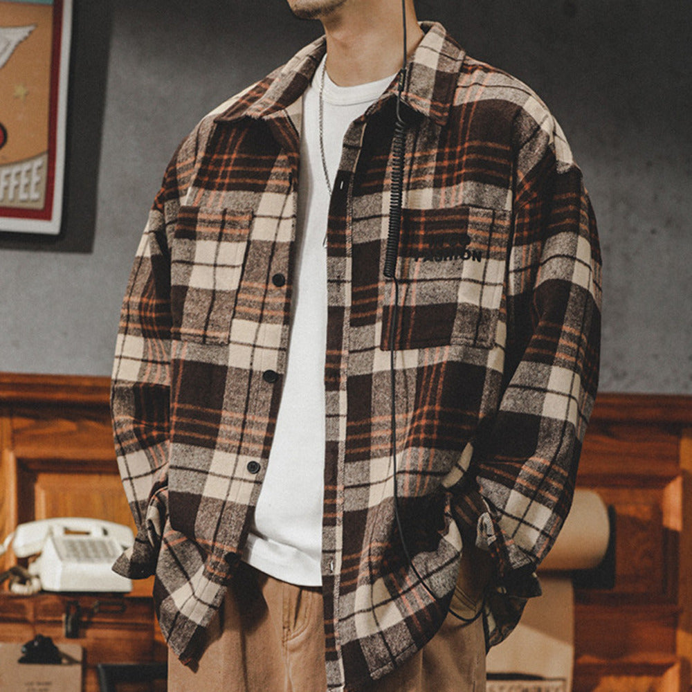 美式復古格子襯衫男士春秋季潮牌寬松休閑秋冬厚款長袖襯衣外套男