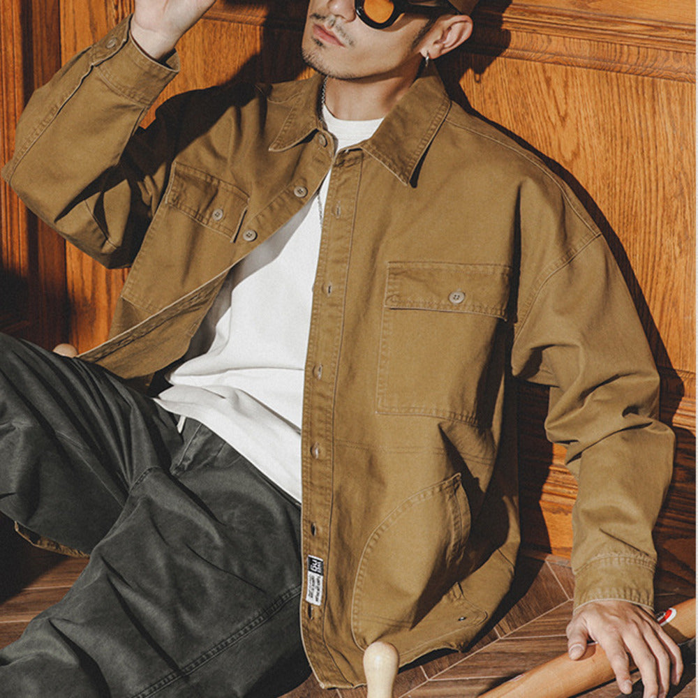 美式工裝襯衫男潮牌復古長袖襯衣男士春秋季寬松休閑上衣外套