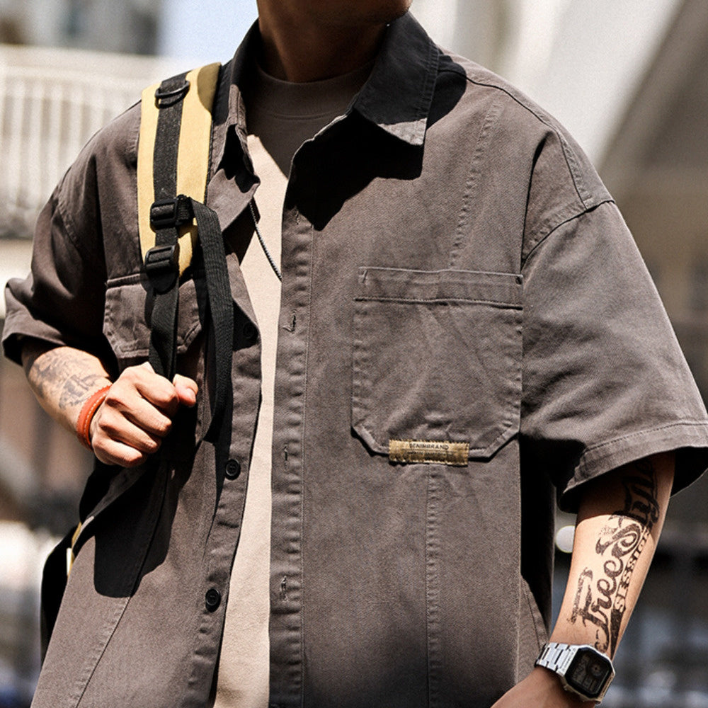 美式復古工裝襯衫男士夏季寬松山系戶外多口袋短袖襯衣外套