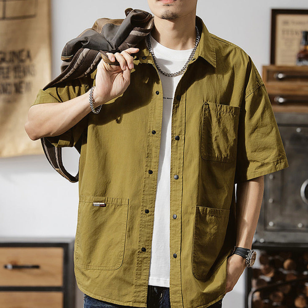 夏季戶外通勤半袖襯衣美式山系休閑大碼工裝上衣