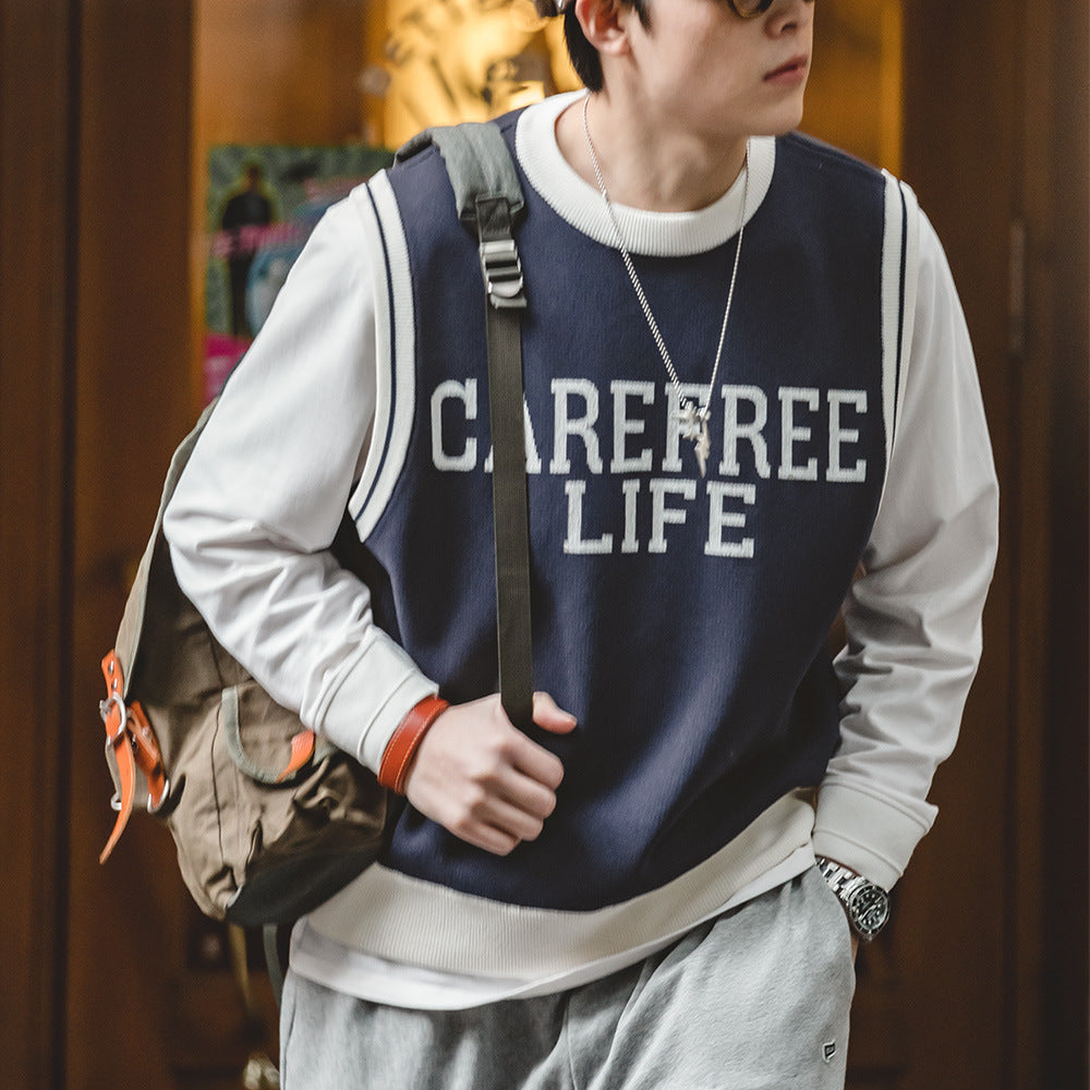 情侶學院風針織馬甲背心圓領套頭毛衣無袖疊穿上衣