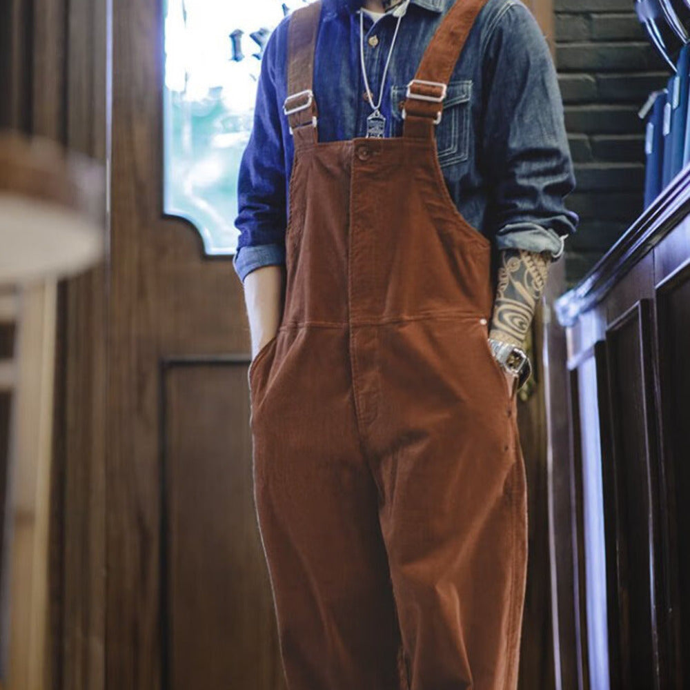 美式燈芯絨背帶褲阿美咔叽寬松直筒吊帶連體褲