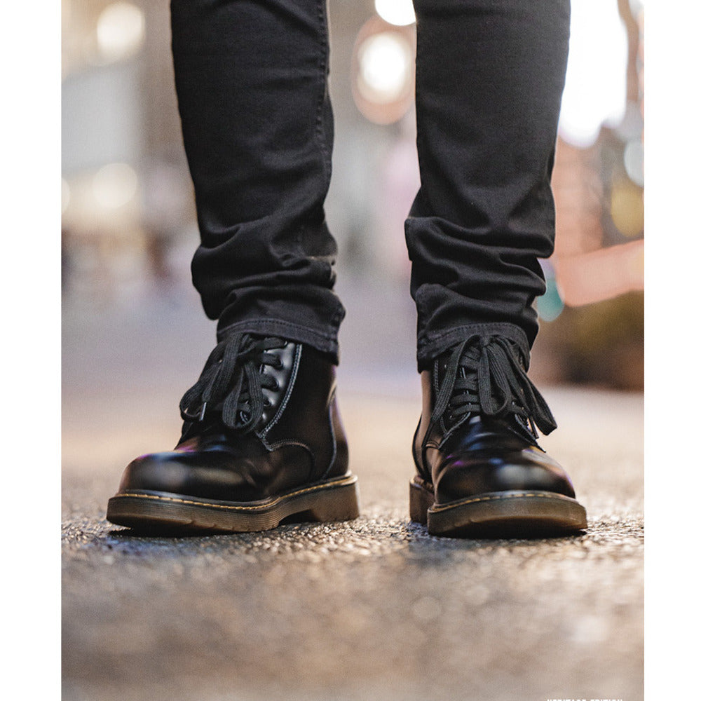 高幫皮靴子黑色英倫中幫工裝加絨鞋