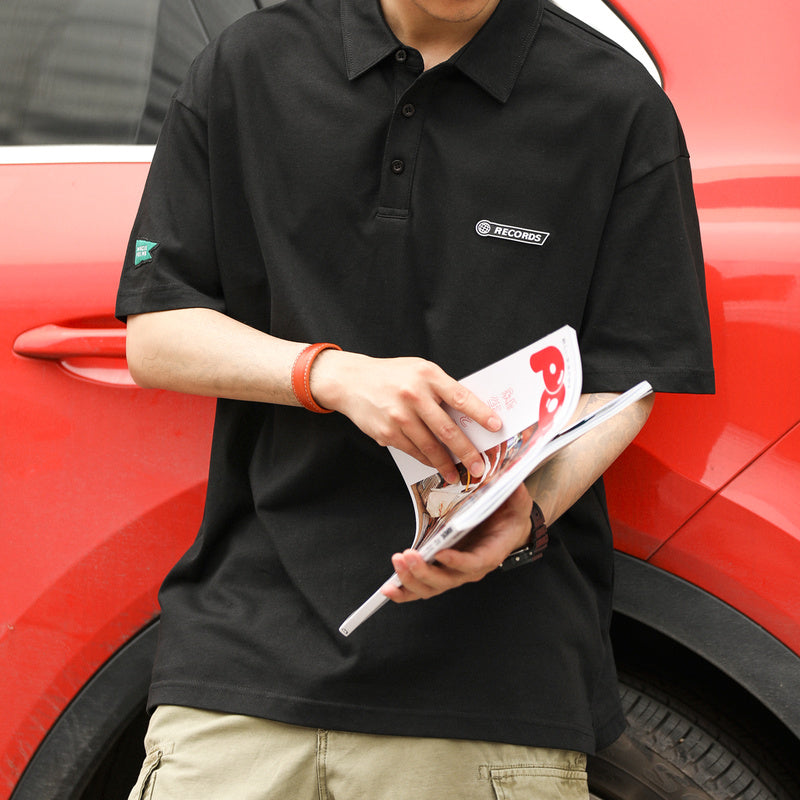 復古POLO領潮牌休閑短袖T恤男寬松設計感純棉半袖打底衫