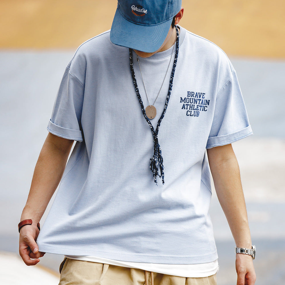 美式馬卡龍色短袖植絨字母印花體恤