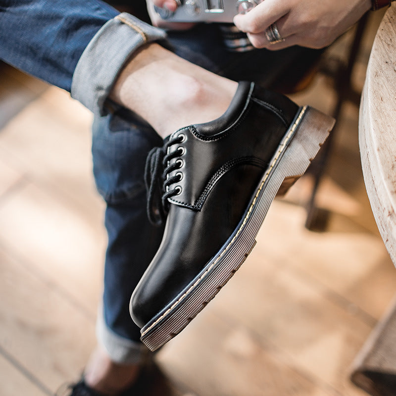 潮鞋新款休閑皮鞋黑色大頭鞋英倫風低幫潮流