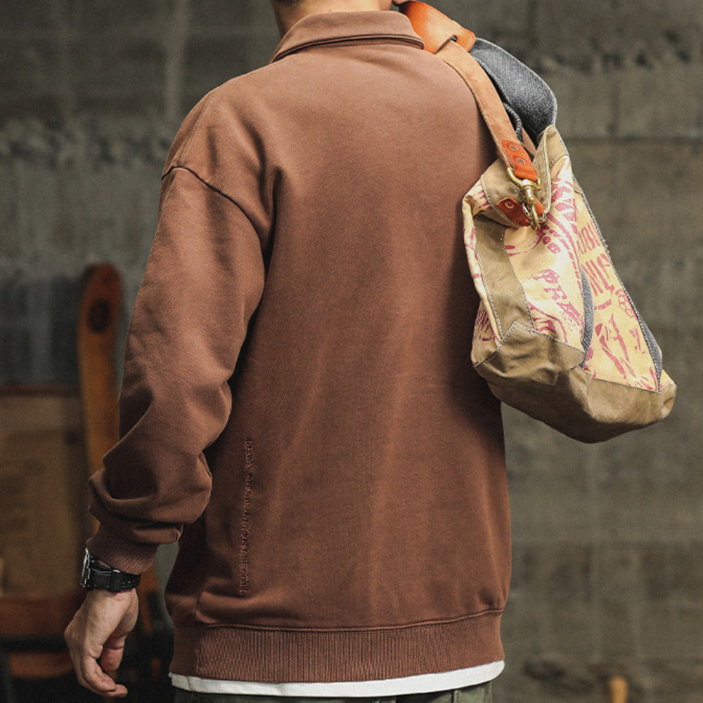 美式Polo衫男長袖新品潮牌寬松休閑復古水洗黑色翻領衛衣