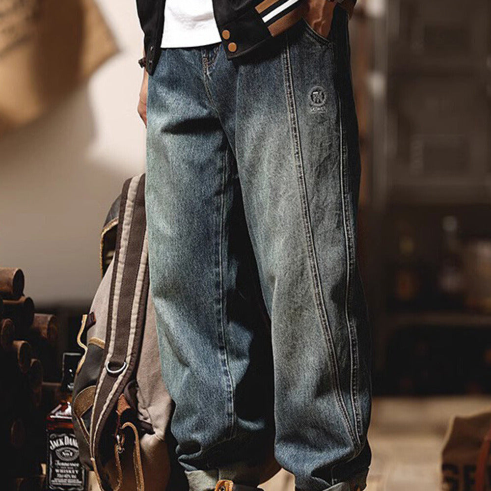 新款設計感拼接工裝長褲美式休閑水洗牛仔褲