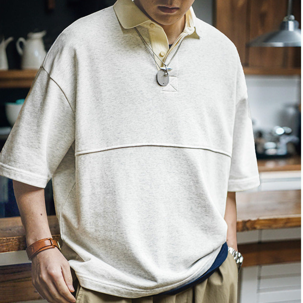 美式復古針織短袖polo衫cleanfit翻領五分袖T恤男夏