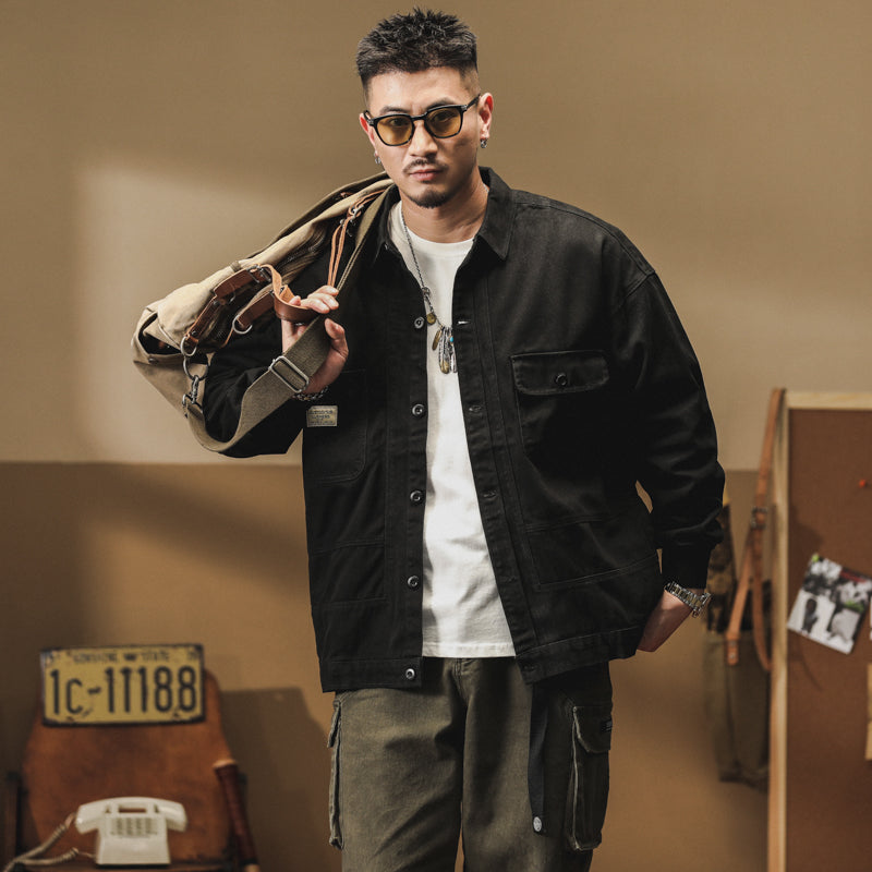 美式復古工裝襯衫春秋季款潮牌痞帥牛仔夾克外套