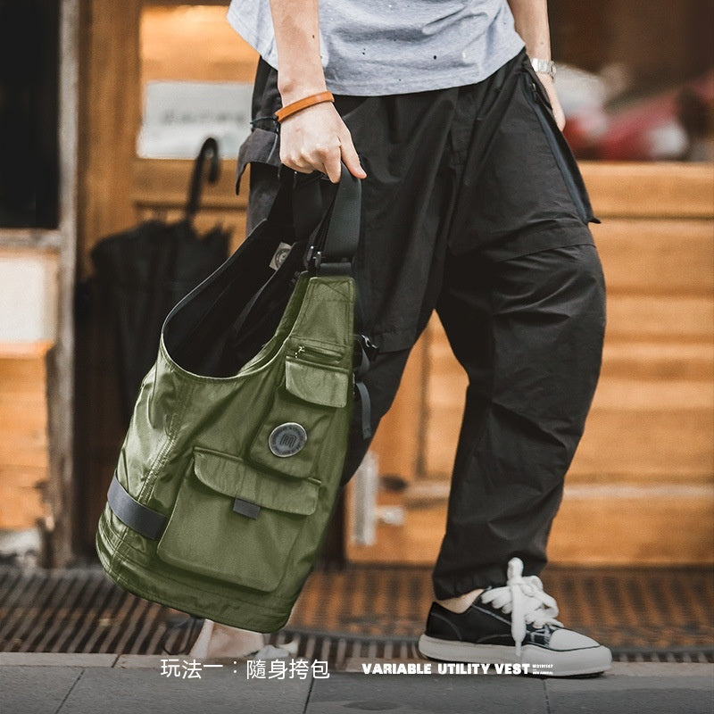 復古多口袋機能風馬甲無袖坎肩背心兩用挎包外套