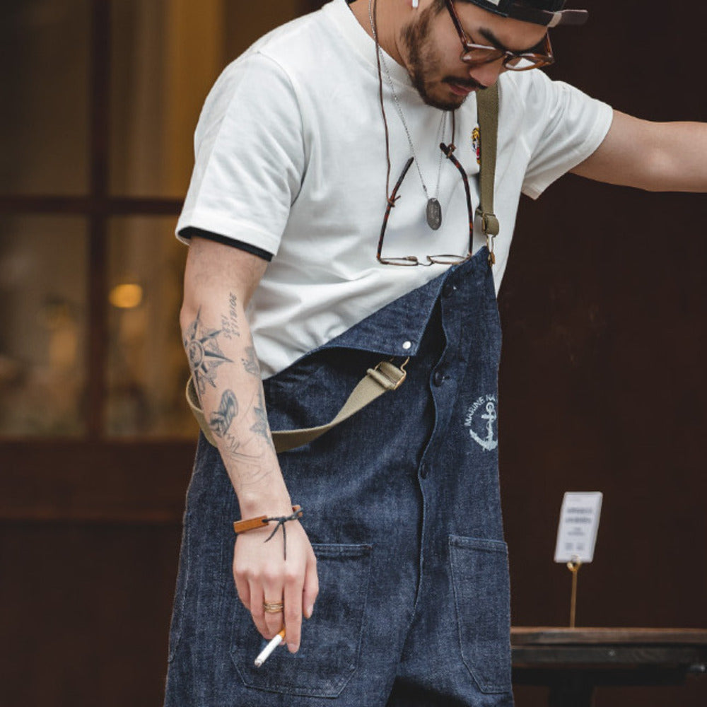 美式復古甲板背帶褲水洗丹寧赤耳直筒牛仔褲