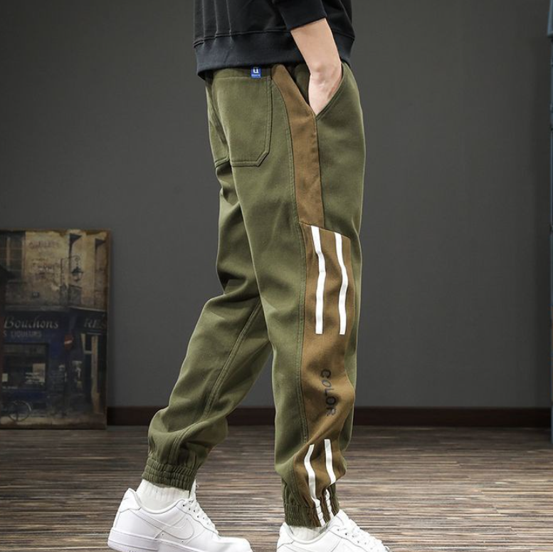 復古工裝束腳休閑褲男條紋大碼夏季新款痞帥哈倫運動長褲