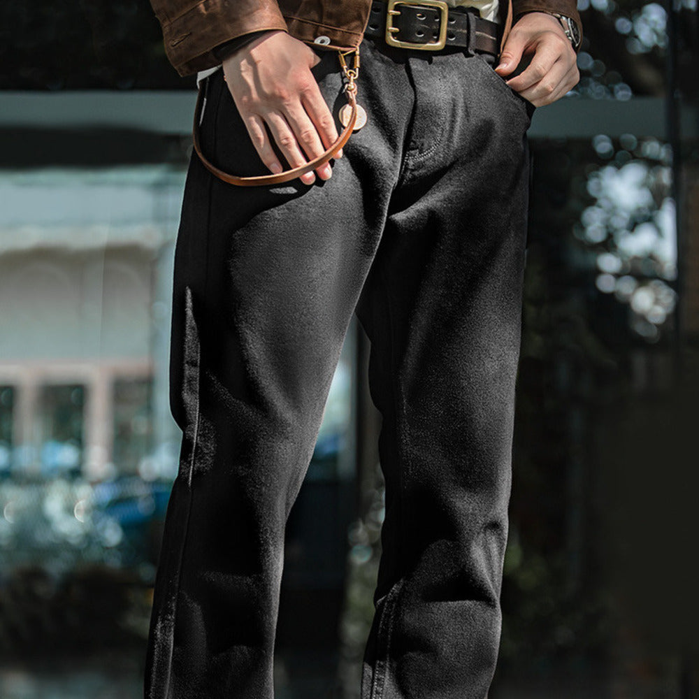 美式復古黑色中腰牛仔褲水洗顯瘦硬漢直筒丹寧長褲