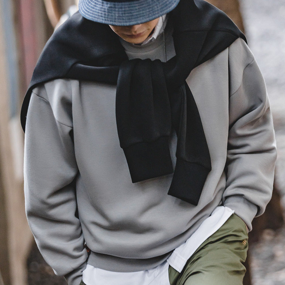 復古灰色落肩太空棉衛衣空氣層無帽圓領外套頭