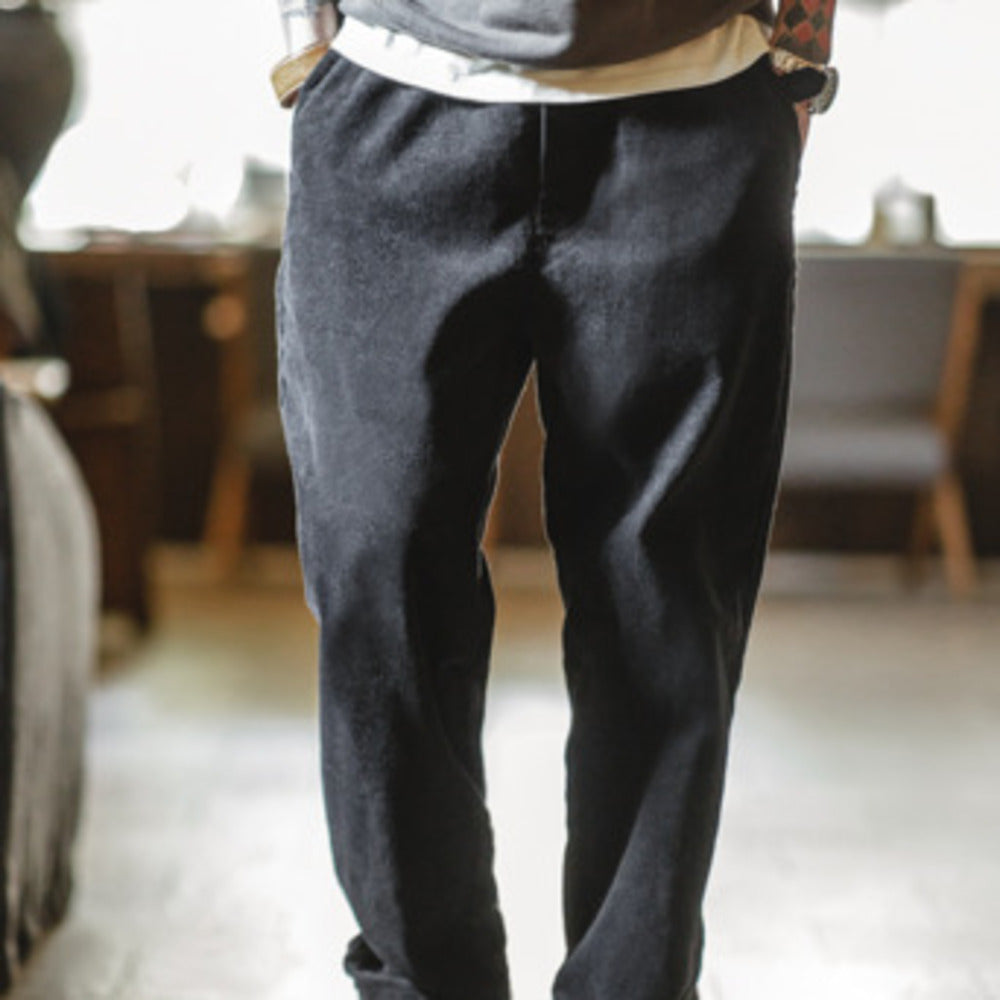 美式復古燈芯絨束腳長褲松緊腰條絨寬松直筒休閑褲