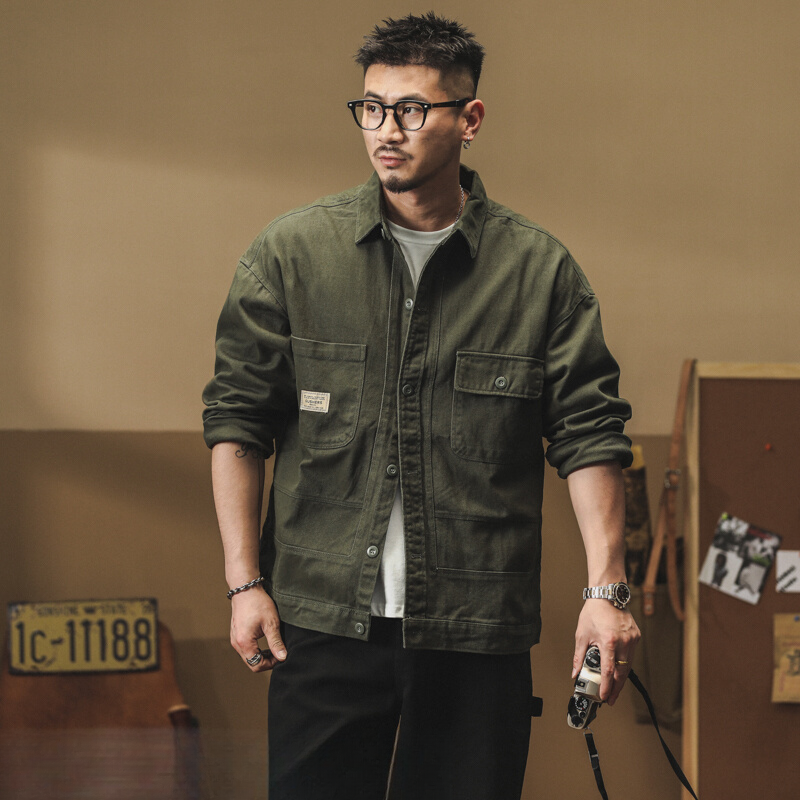美式復古工裝襯衫春秋季款潮牌痞帥牛仔夾克外套