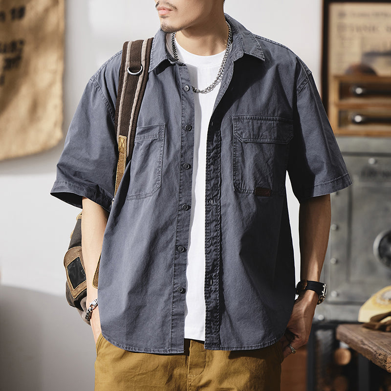 美式復古半袖工裝襯衣夏季戶外硬漢純棉休閑上衣