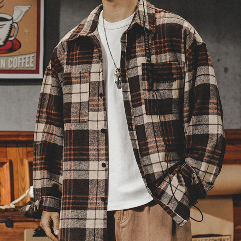 美式復古格子襯衫男士春秋季潮牌寬松休閑秋冬厚款長袖襯衣外套男