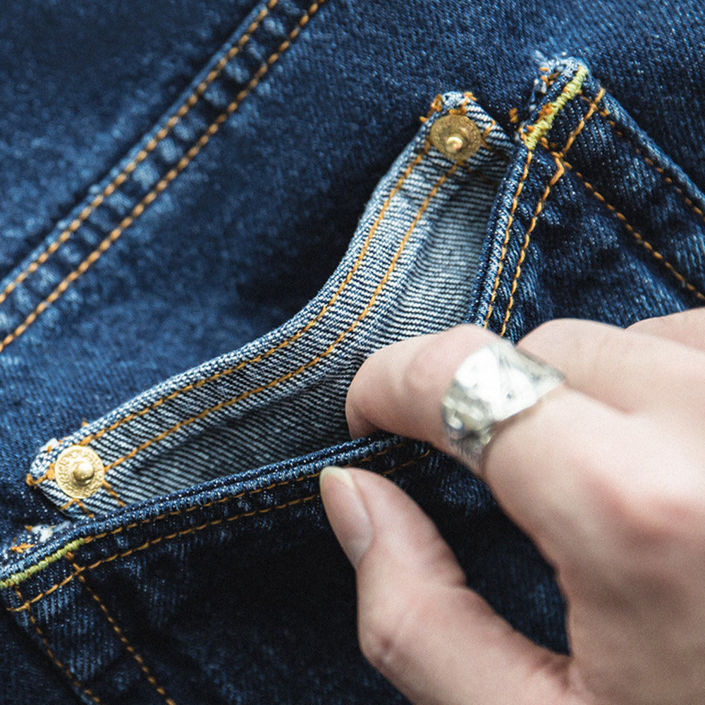 美式復古水洗丹寧牛仔春秋深藍色寬松闊腿長褲