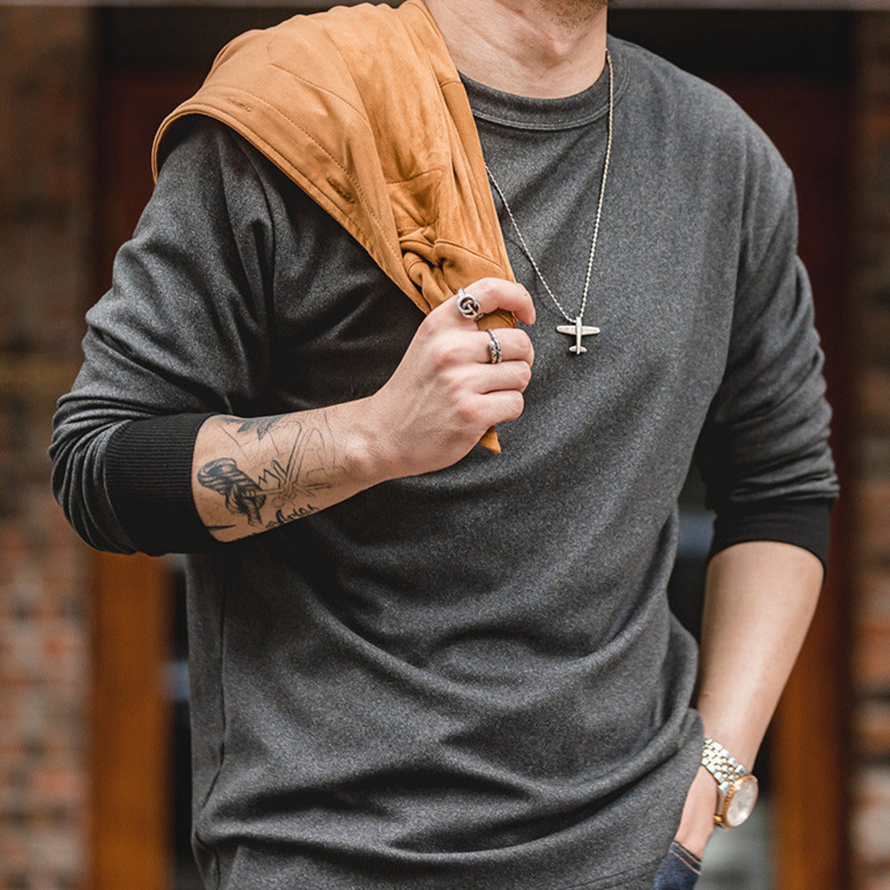 美式三本針磨毛加絨保暖長袖彈力內衣打底衫衛衣