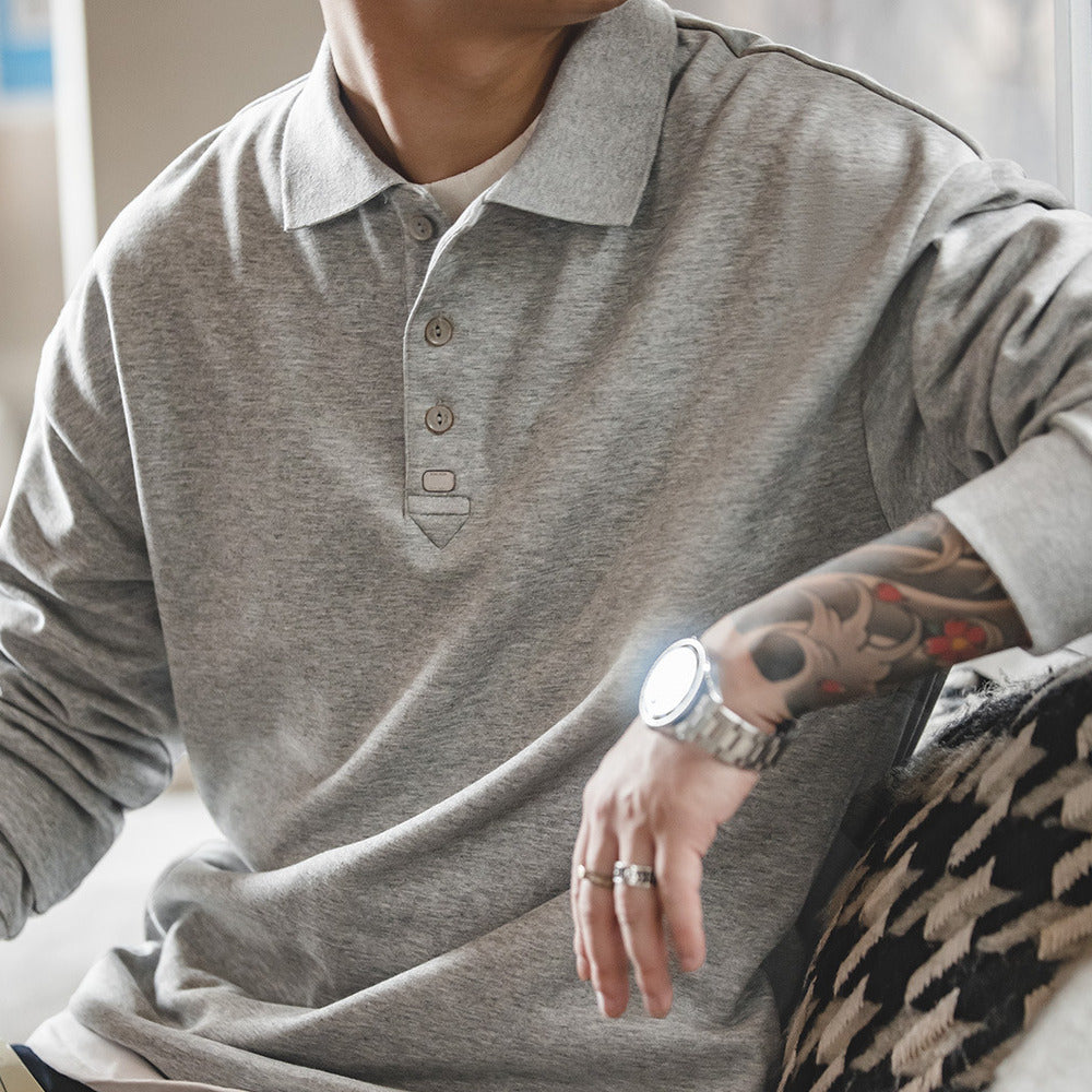 復古基礎款長袖polo衫純色寬鬆百搭打底翻領T恤男秋