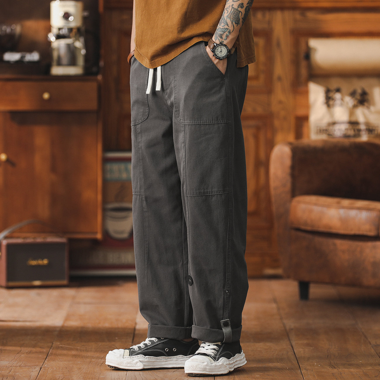 美式工裝褲子男潮牌春季寬松闊腿九分直筒褲復古休閑長褲