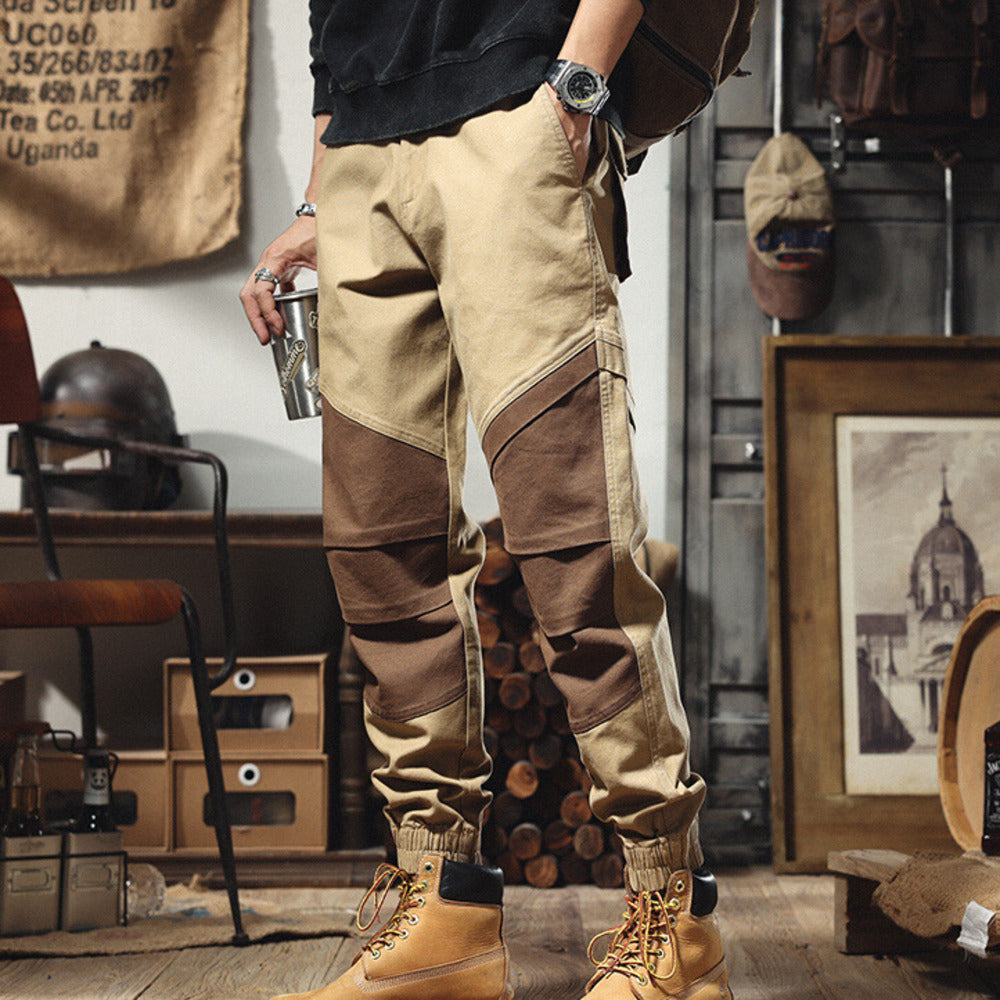 美式工裝褲男春季復古哈倫褲男士軍事風拼接褲