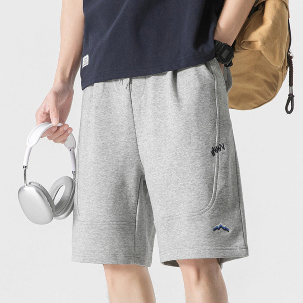 夏季純色拼接刺繡衛褲寬松百搭直筒褲潮流休閑沙灘褲