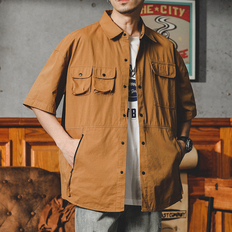 美式机能衬衫男短袖夏季款潮牌宽松大码休闲工装衬衣半袖外套