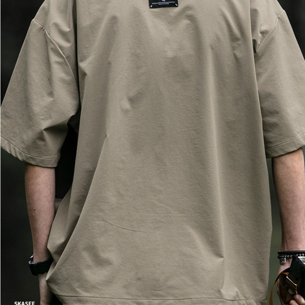 復合拼色短袖襯衫男夏季新款口袋拉鏈寬松套頭襯衣體恤