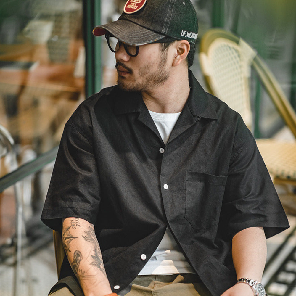 復古巴領寬鬆短袖襯衫透氣哢嘰休閒男寸衣痞帥夏山系