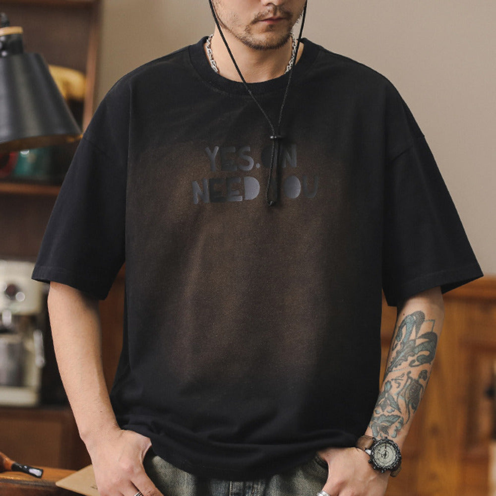 美式純棉圓領短袖t恤夏季潮牌水洗寬松大碼