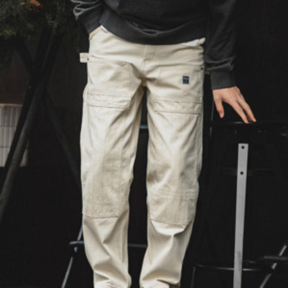 美式復古做舊寬松米白色牛仔褲水洗直筒多袋伐木工裝褲