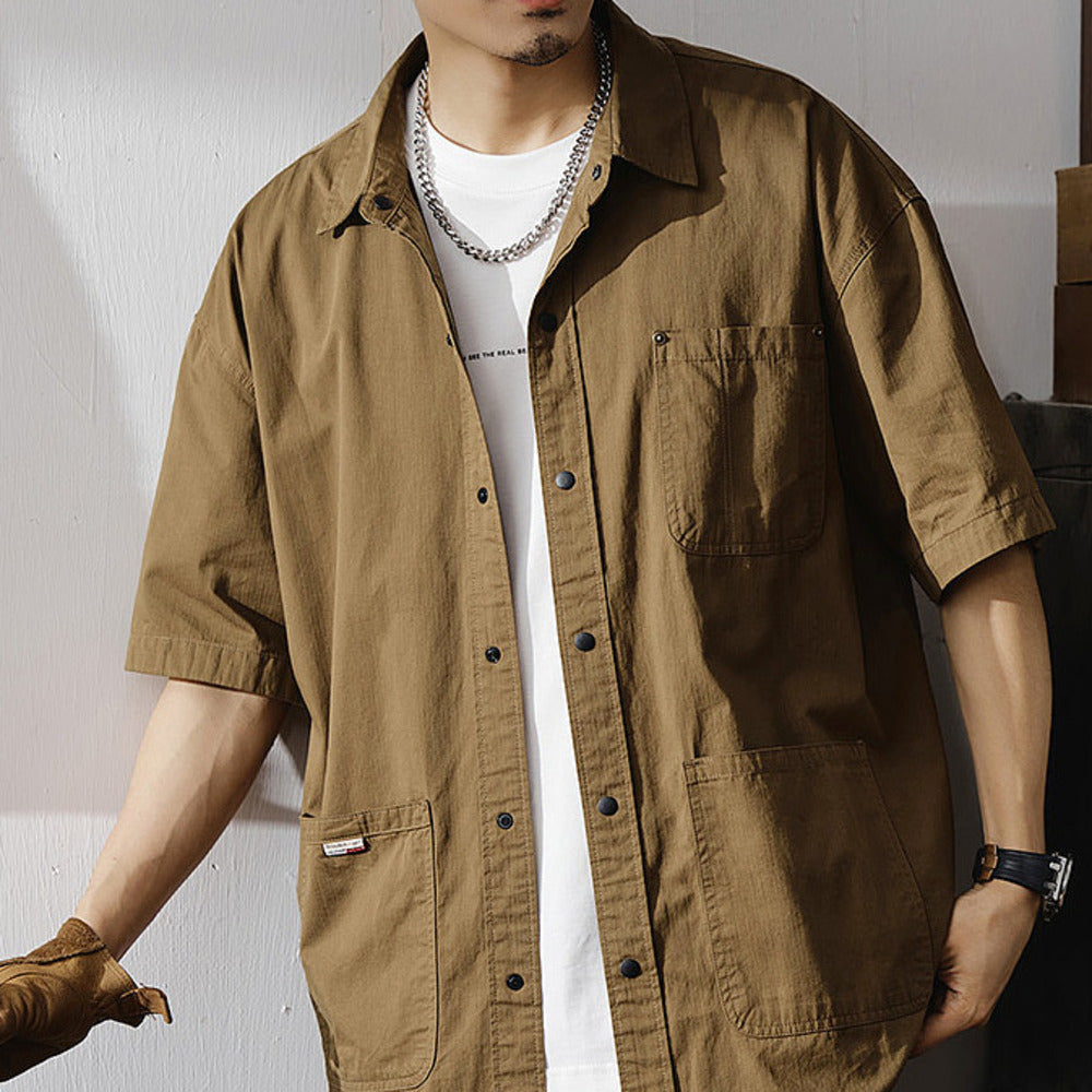 夏季戶外通勤半袖襯衣美式山系休閑大碼工裝上衣