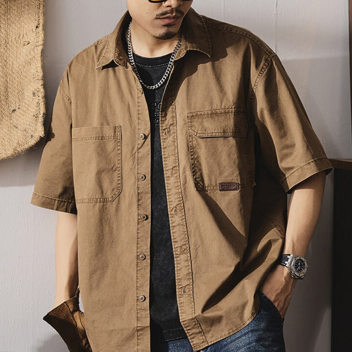 美式復古半袖工裝襯衣夏季戶外硬漢純棉休閑上衣