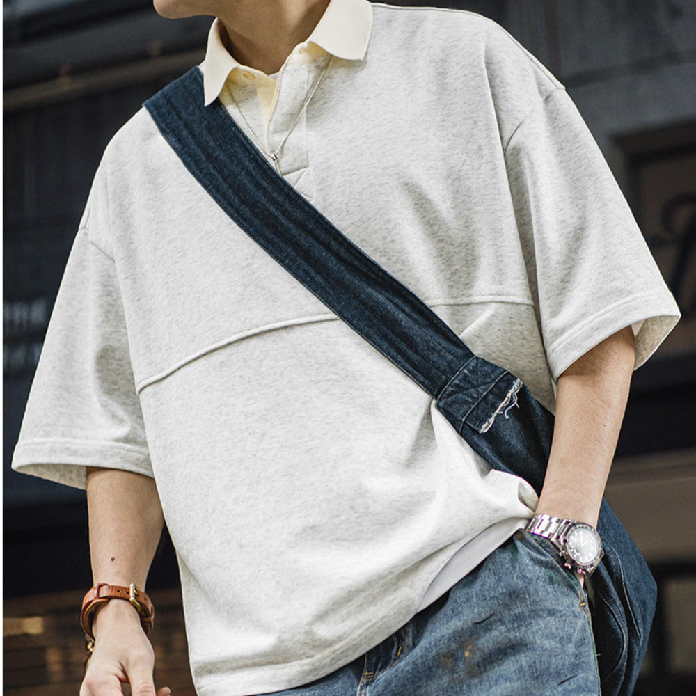 美式復古針織短袖polo衫cleanfit翻領五分袖T恤男夏