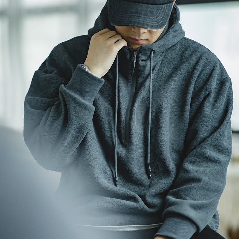 復古半拉鏈抓絨衛衣保暖加絨美式套頭帽衫外套