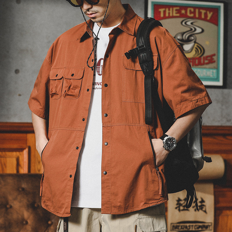 美式机能衬衫男短袖夏季款潮牌宽松大码休闲工装衬衣半袖外套