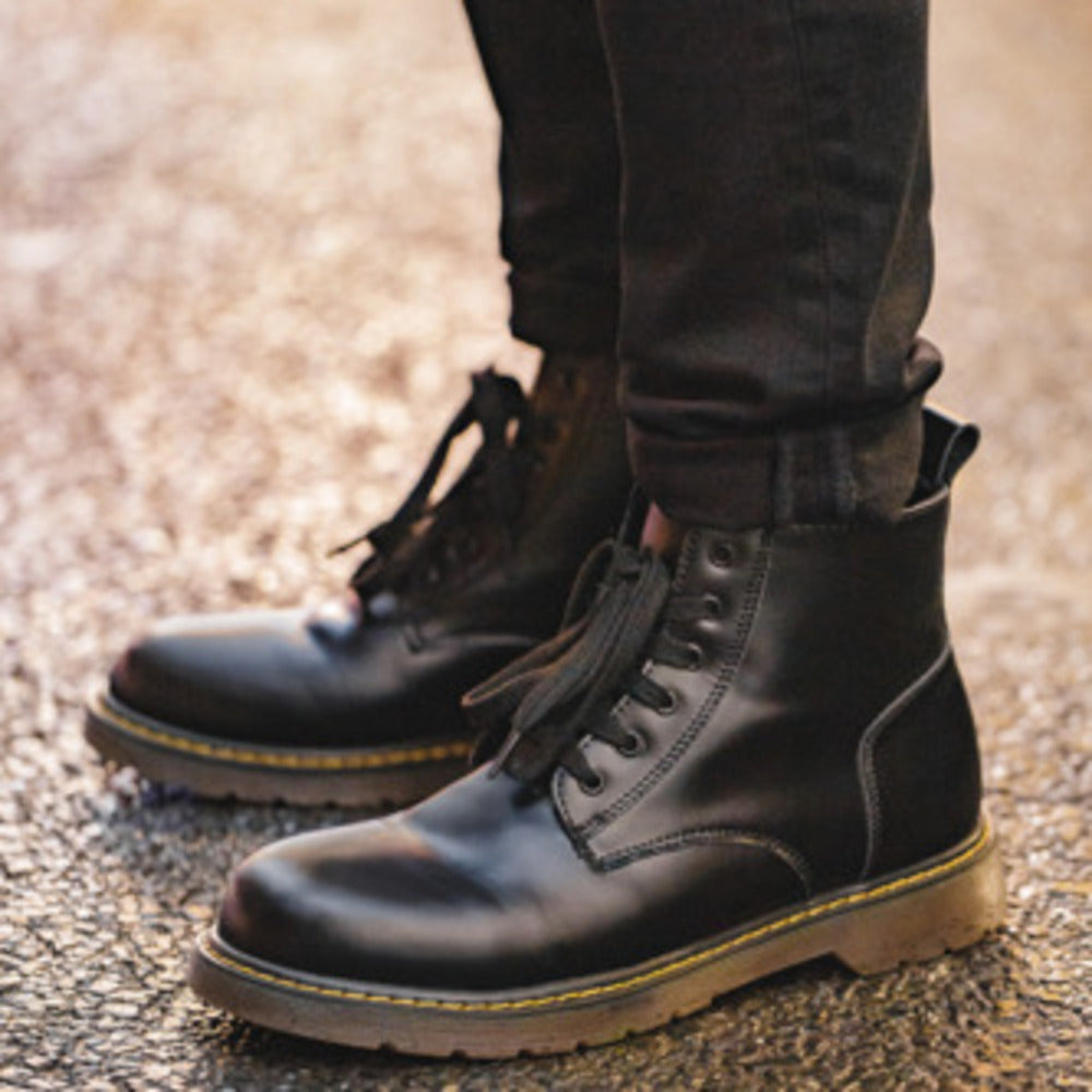 高幫皮靴子黑色英倫中幫工裝加絨鞋