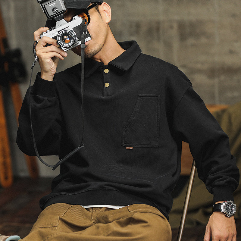 美式Polo衫男長袖新品潮牌寬松休閑復古水洗黑色翻領衛衣