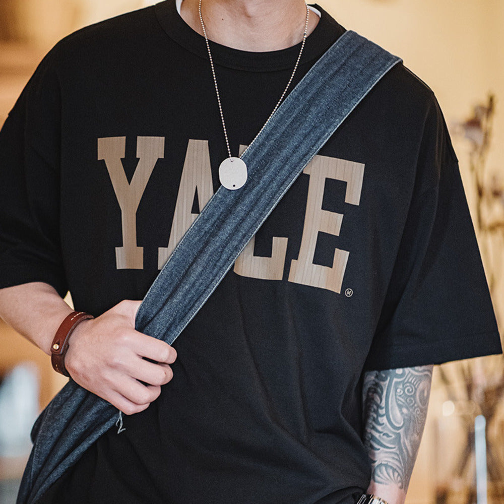 美式撞色字母印花T恤學院風耶魯大學純棉短袖體恤男夏季