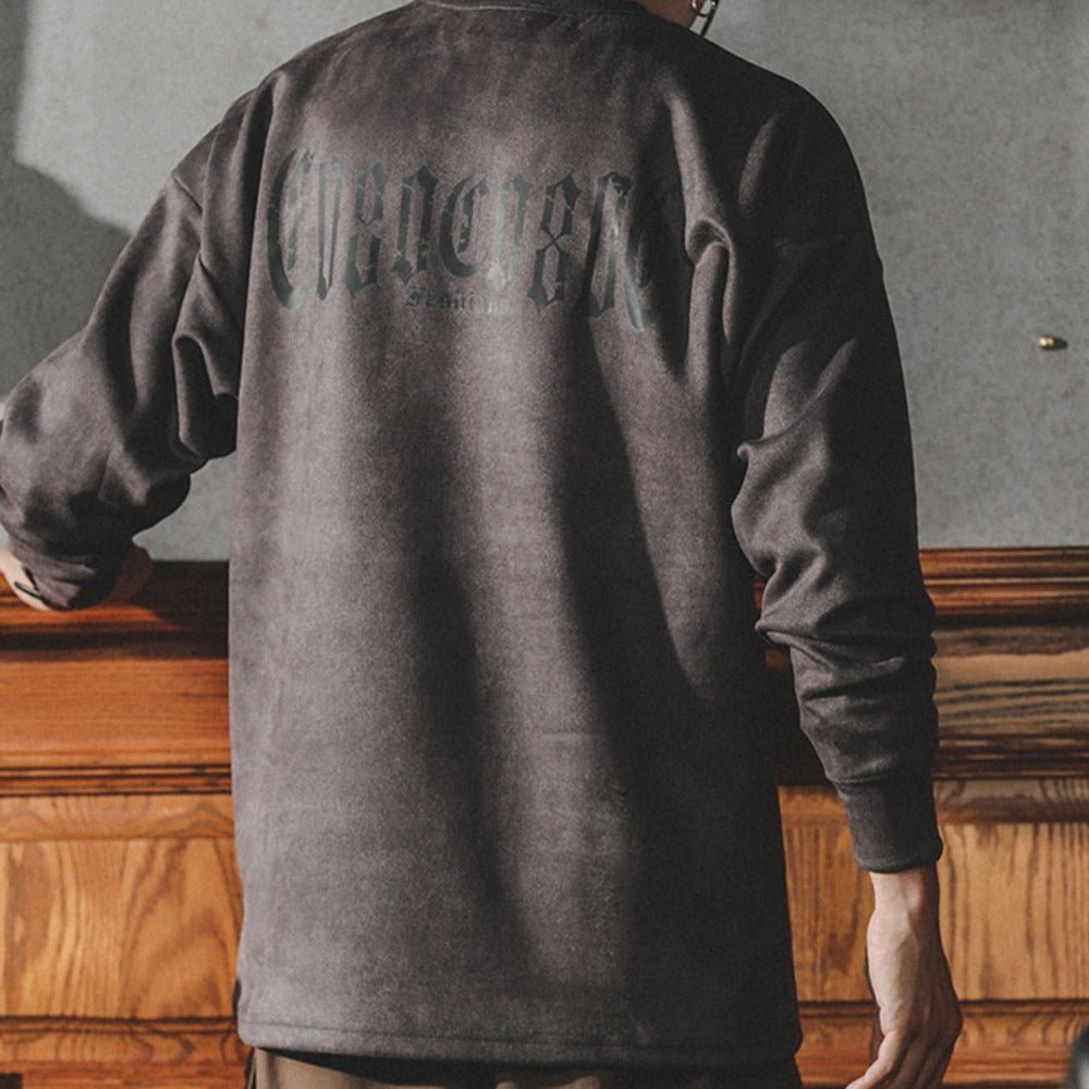 美式復古高級感超好看t恤男士長袖春秋季薄款寬松圓領麂皮絨衛衣