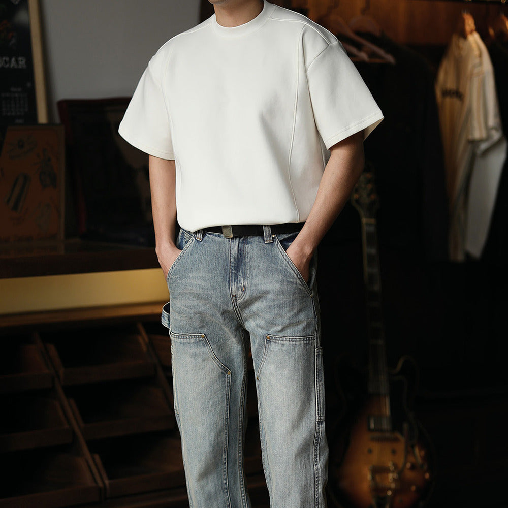 美式復古解構小領口休閑短寬版型液氨空氣棉短袖T恤