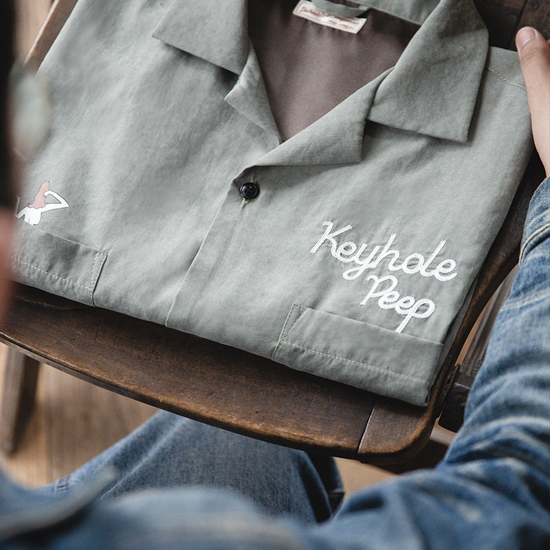 美式復古寬松古巴領短袖襯衫阿美咔叽春夏疊穿V領襯衣