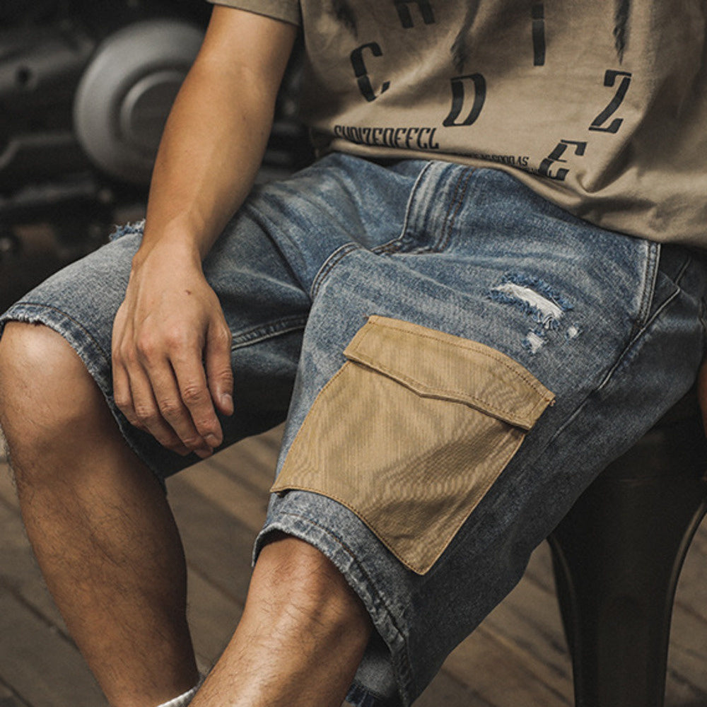 美式復古破洞牛仔短褲男設計感薄款工裝五分褲夏季寬松大碼中褲潮